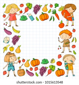 Children. School and kindergarten. Healthy food and drinks. Kids cafe. Fruits and vegetables. Boys and girls eat healthy food and snacks. Vector doodle preschool pattern with cartoons kids drawing