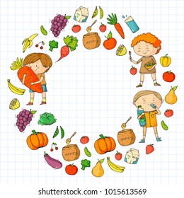 Children. School and kindergarten. Healthy food and drinks. Kids cafe. Fruits and vegetables. Boys and girls eat healthy food and snacks. Vector doodle preschool pattern with cartoons kids drawing