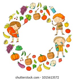 Children. School and kindergarten. Healthy food and drinks. Kids cafe. Fruits and vegetables. Boys and girls eat healthy food and snacks. Vector doodle preschool pattern with cartoons kids drawing