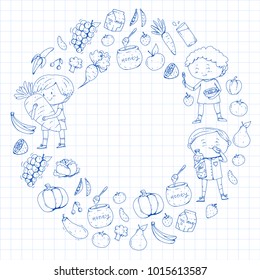 Children. School and kindergarten. Healthy food and drinks. Kids cafe. Fruits and vegetables. Boys and girls eat healthy food and snacks. Vector doodle preschool pattern with cartoons kids drawing