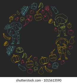 Children. School and kindergarten. Healthy food and drinks. Kids cafe. Fruits and vegetables. Boys and girls eat healthy food and snacks. Vector doodle preschool pattern with cartoons kids drawing