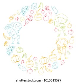 Children. School and kindergarten. Healthy food and drinks. Kids cafe. Fruits and vegetables. Boys and girls eat healthy food and snacks. Vector doodle preschool pattern with cartoons kids drawing