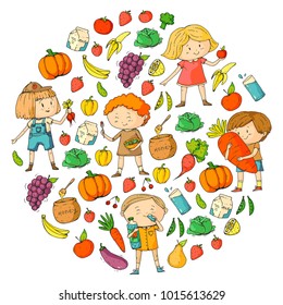 Children. School and kindergarten. Healthy food and drinks. Kids cafe. Fruits and vegetables. Boys and girls eat healthy food and snacks. Vector doodle preschool pattern with cartoons kids drawing