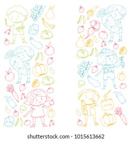 Children. School and kindergarten. Healthy food and drinks. Kids cafe. Fruits and vegetables. Boys and girls eat healthy food and snacks. Vector doodle preschool pattern with cartoons kids drawing