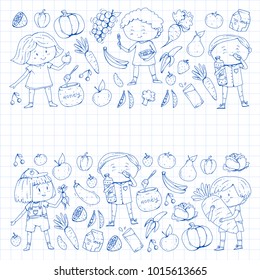 Children. School and kindergarten. Healthy food and drinks. Kids cafe. Fruits and vegetables. Boys and girls eat healthy food and snacks. Vector doodle preschool pattern with cartoons kids drawing