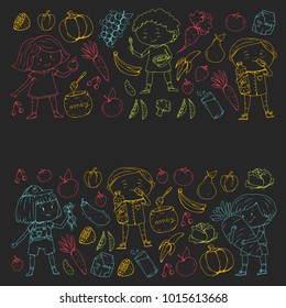 Children. School and kindergarten. Healthy food and drinks. Kids cafe. Fruits and vegetables. Boys and girls eat healthy food and snacks. Vector doodle preschool pattern with cartoons kids drawing