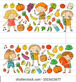 Children. School and kindergarten. Healthy food and drinks. Kids cafe. Fruits and vegetables. Boys and girls eat healthy food and snacks. Vector doodle preschool pattern with cartoons kids drawing