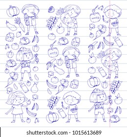 Children. School and kindergarten. Healthy food and drinks. Kids cafe. Fruits and vegetables. Boys and girls eat healthy food and snacks. Vector doodle preschool pattern with cartoons kids drawing