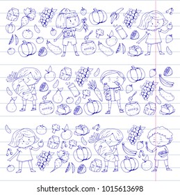 Children. School and kindergarten. Healthy food and drinks. Kids cafe. Fruits and vegetables. Boys and girls eat healthy food and snacks. Vector doodle preschool pattern with cartoons kids drawing