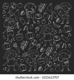 Children. School and kindergarten. Healthy food and drinks. Kids cafe. Fruits and vegetables. Boys and girls eat healthy food and snacks. Vector doodle preschool pattern with cartoons kids drawing
