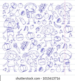 Children. School And Kindergarten. Healthy Food And Drinks. Kids Cafe. Fruits And Vegetables. Boys And Girls Eat Healthy Food And Snacks. Vector Doodle Preschool Pattern With Cartoons Kids Drawing