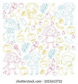 Children. School and kindergarten. Healthy food and drinks. Kids cafe. Fruits and vegetables. Boys and girls eat healthy food and snacks. Vector doodle preschool pattern with cartoons kids drawing