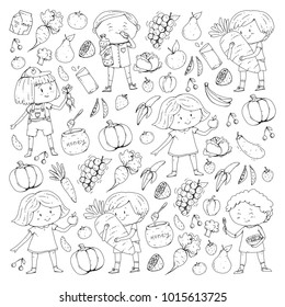 Children. School And Kindergarten. Healthy Food And Drinks. Kids Cafe. Fruits And Vegetables. Boys And Girls Eat Healthy Food And Snacks. Vector Doodle Preschool Pattern With Cartoons Kids Drawing