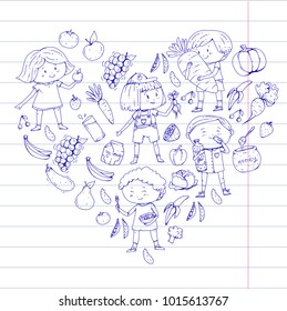Children. School and kindergarten. Healthy food and drinks. Kids cafe. Fruits and vegetables. Boys and girls eat healthy food and snacks. Vector doodle preschool pattern with cartoons kids drawing