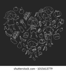 Children. School and kindergarten. Healthy food and drinks. Kids cafe. Fruits and vegetables. Boys and girls eat healthy food and snacks. Vector doodle preschool pattern with cartoons kids drawing
