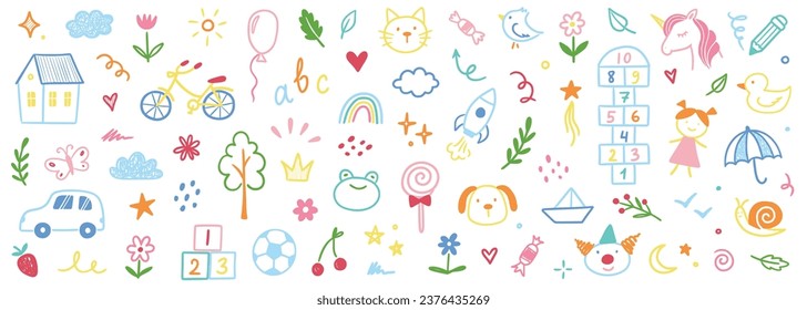 Children school, kindergarten vector doodle set. Cute daycare hand drawn flower, toy, animal elements. Childish cute preschool activity, education doodle background. Vector illustration.