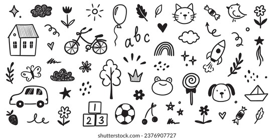 Children school, kindergarten vector doodle set. Cute daycare hand drawn flower, toy, animal elements. Childish cute preschool activity, education doodle background. Vector illustration.