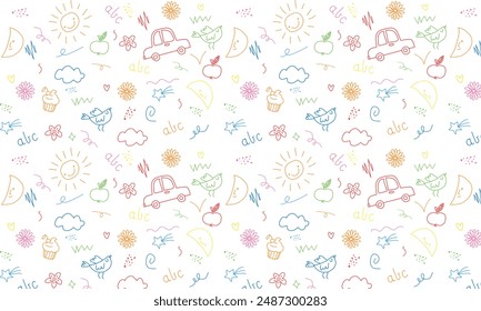 Kinderschule, Kindergarten Vektorgrafik Doodle-Set. Nette Tagespflege handgezeichnete Blume, Spielzeug, tierische Elemente. Kindersüße Vorschulaktivität, Bildung Doodle Hintergrund. Vektorillustration