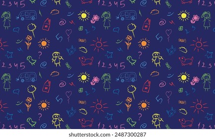 Children school, kindergarten vector doodle set. Cute daycare hand drawn flower, toy, animal elements. Childish cute preschool activity, education doodle background. Vector illustration