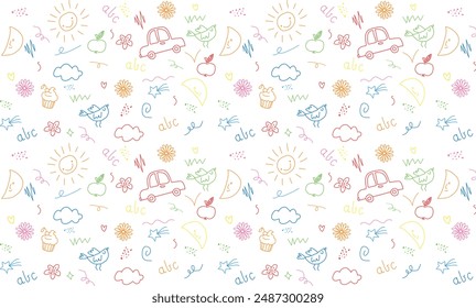 Children school, kindergarten vector doodle set. Cute daycare hand drawn flower, toy, animal elements. Childish cute preschool activity, education doodle background. Vector illustration