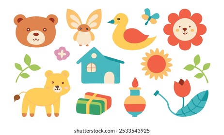 Children school, kindergarten vector doodle set. Cute daycare hand drawn flower, toy, animal elements flat vector illustration set