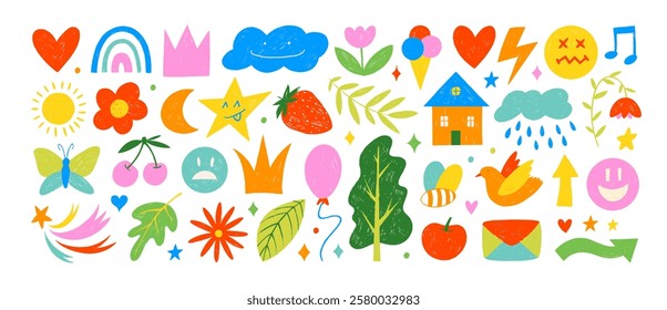 Children school, kindergarten vector doodle set. Crayon drawn cute funky shapes and childish illustrations. Hand drawn vector naive doodles, kid figures for collages and graphic design.