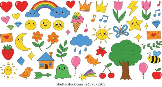 Escuela de niños, jardín de infantes Vector doodle set. Crayon dibujado lindas Formas funky e ilustraciones infantiles