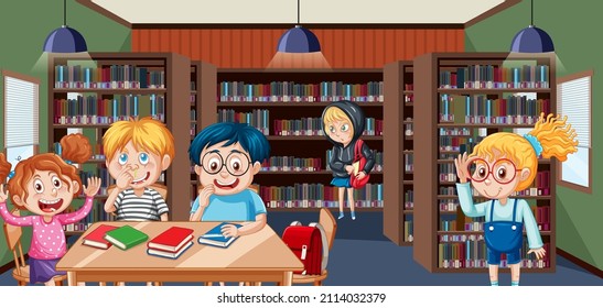 Children in school library scene illustration