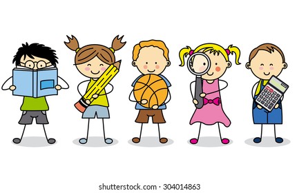 children with school objects