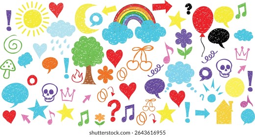 Children school pencil bg Colorful Hand Drawn Doodle Icon Set Weather, Symbols, Nature and Emotions on White Background Kid crayon hand drawn background