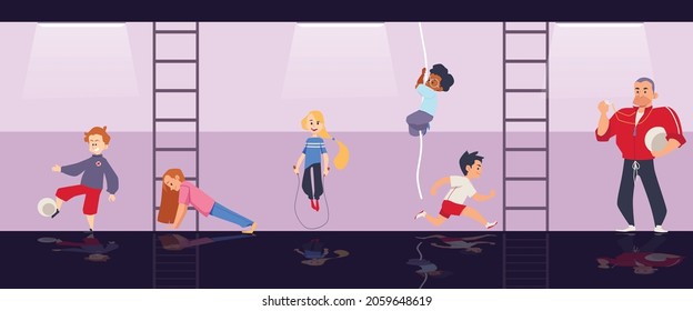 Children In School Physical Education Lesson Training With Trainer Flat Vector Illustration. School Sport Gym With Trainer And Kids Doing Sport Exercises.