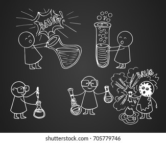 Children at school put chemical experiments. Doodle vector illustration on blackboard.
