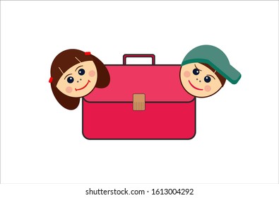 Children and school satchel on a white background
