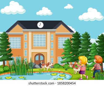 Children in the school scene illustration