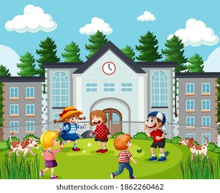 Children in the school scene illustration