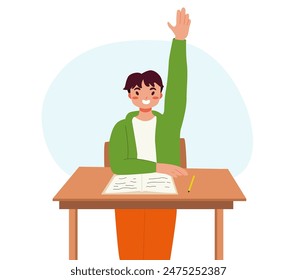 Children School. Schoolboy Character Stretches Her Hand In Class It To Answer A Question. Student in School Classroom. Back to School Vector Illustration.