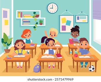 Children at School Sit at Desk Have Lesson Vector Illustration