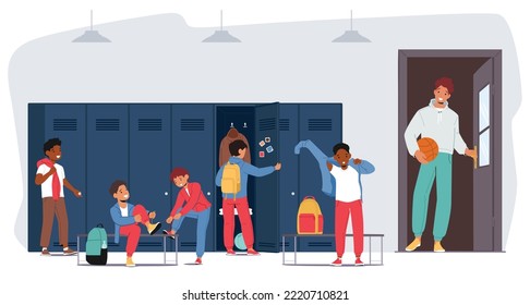 Children in School Sports Locker Room. Boys Characters Change Clothes after Training or Workout in Gym, Sportsmen Chatting, Trainer with Basketball Ball Come in. Cartoon People Vector Illustration