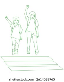 Children school students raising hands, crosswalk