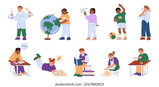 Children at school, studying at lessons and showing skills. Vector in flat style, isolated characters learning geography and mathematics, chemistry and physics, literature and foreign languages