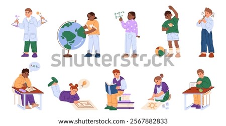 Children at school, studying at lessons and showing skills. Vector in flat style, isolated characters learning geography and mathematics, chemistry and physics, literature and foreign languages