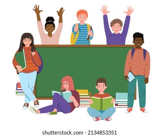 Children with school supplies on the background of the school board.Happy students of different nationalities are holding books. Set of children's teenage characters in different poses, clothes.Vector
