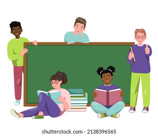 Niños con material escolar en el fondo de la junta escolar. Estudiantes felices de diferentes nacionalidades sostienen libros. Juego de personajes adolescentes de niños en diferentes poses, ropa.Vector