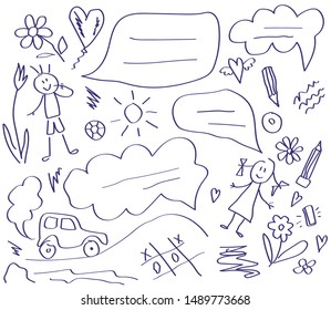 Children and school supplies on a white background. Children's drawing. Vector illustration. 