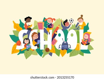 Children with school supplies, vector school illustration.