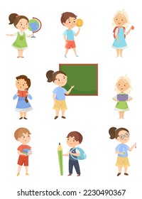 Children with school supply vector illustration set. Nine children with globe, ball, backpack, book, blackboard, computer, pencil, flask isolated on white background. Education concept.