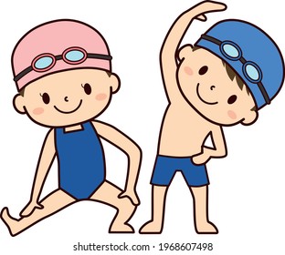 Children in school swimsuits (boys and girls) doing preparatory exercises