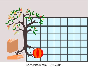 Children school timetable with blooming tree, books and ball - clear for any text