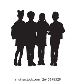 Children in School Uniform Silhouettes Vector Set Students Standing with Backpacks Ready for School Black Illustration Isolated on White Background