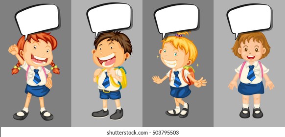 Children in school uniform with speech bubbles illustration